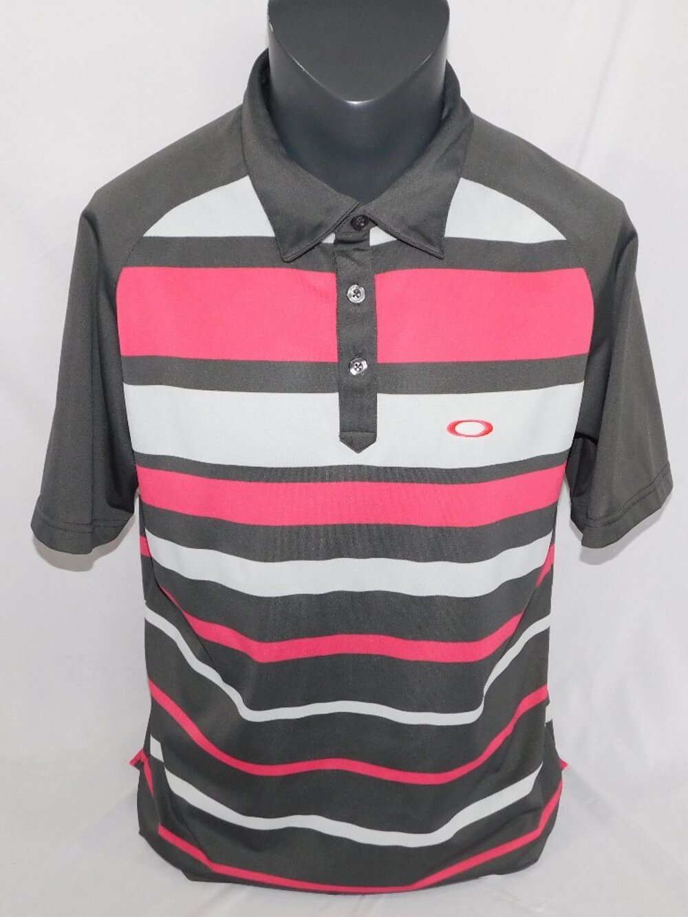 Oakley Mens L Short Sleeve Pink Grey Striped Polo Golf Shirt Regular Fit